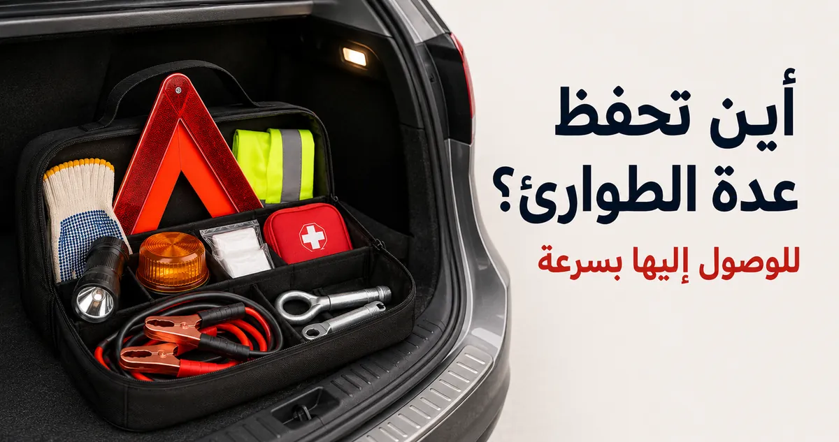 عدة طوارئ للسيارة محفوظة في منطقة الأمتعة داخل المركبة للوصول السريع عند مشكلات الطريق