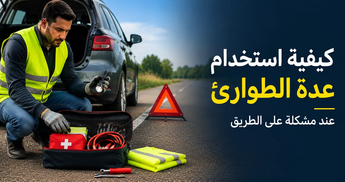 سائق يستخدم أدوات السلامة من عدة الطوارئ للسيارة أثناء مشكلة على الطريق