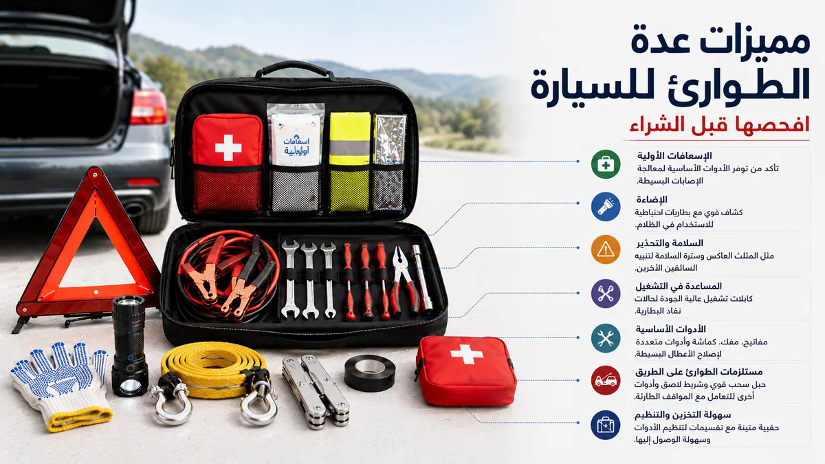 ميزات عدة الطوارئ للسيارة مع أدوات الطريق، وحقيبة التخزين، وملحقات السلامة