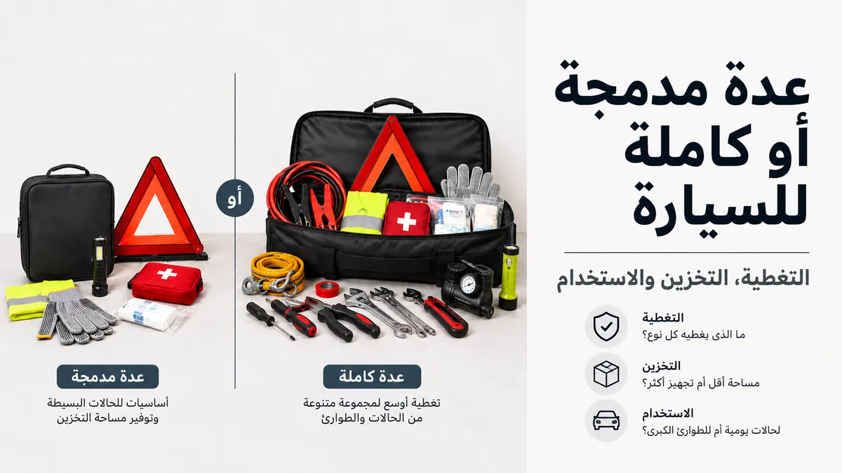 عدة طوارئ مدمجة للسيارة مقارنة بعدة طوارئ أكبر وكاملة لمشكلات الطريق