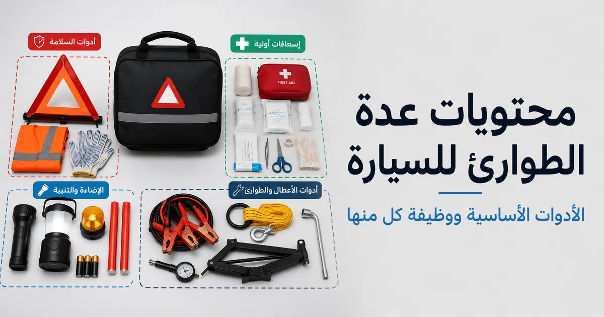 محتويات عدة الطوارئ للسيارة مرتبة حسب السلامة، والإسعافات الأولية، والإضاءة، وأدوات الطريق