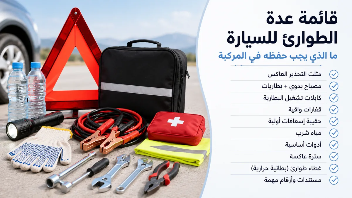 قائمة عدة الطوارئ للسيارة مع أدوات السلامة الأساسية للمركبة ومستلزمات الطريق