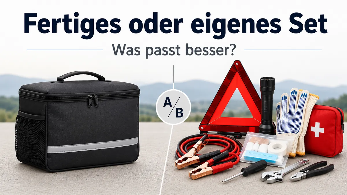 Fertiges Auto-Notfallset neben einzelnen Artikeln zum selbst zusammengestellten Set für Pannen unterwegs