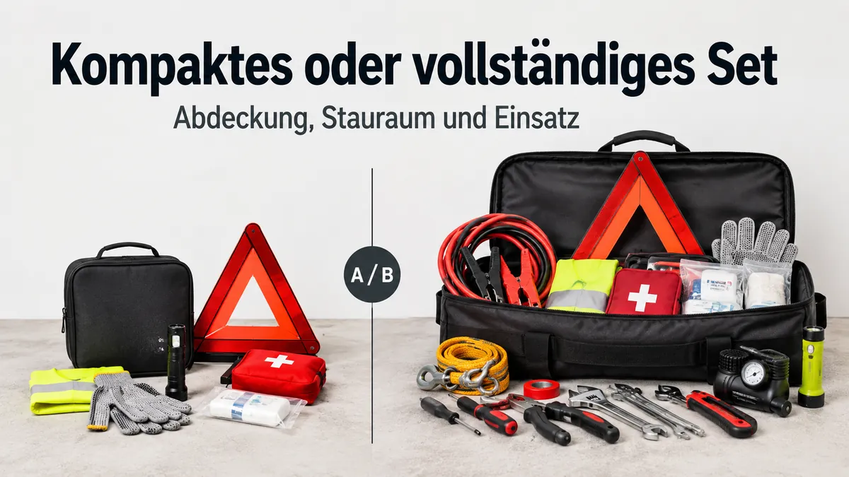 Kompaktes Auto-Notfallset im Vergleich mit einem größeren vollständigen Notfallset für Pannen unterwegs
