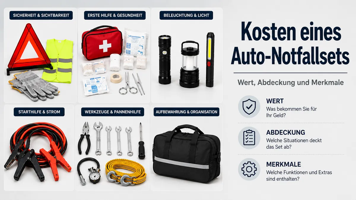 Artikel eines Auto-Notfallsets, gruppiert zum Vergleich von Abdeckung, Merkmalen und Gesamtwert