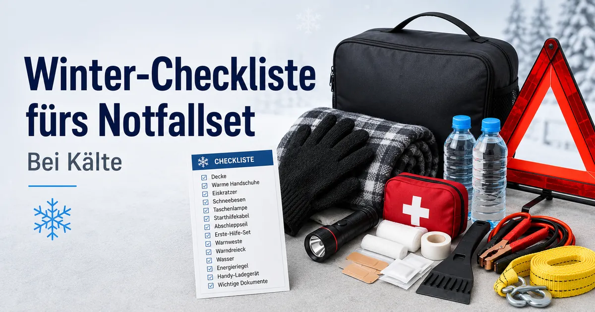 Auto-Notfallset für den Winter mit Artikeln für Kälte, Handschuhen, Decke und Sicherheitsausrüstung für unterwegs