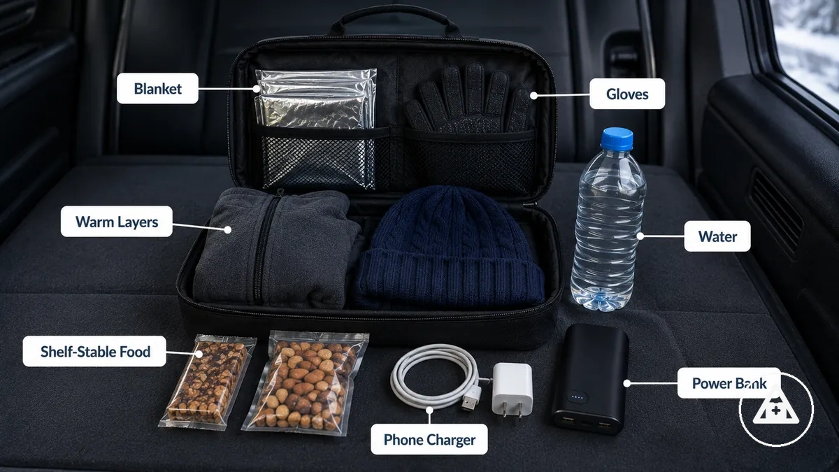 Kaltwetter-Überlebensausstattung für Autoinsassen mit Decke, Handschuhen, Wasser, Snacks und Telefonladegerät