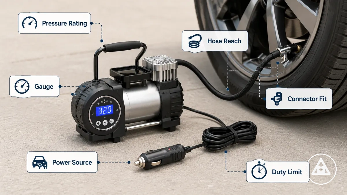 tragbarer Reifenfüller mit Manometer, Schlauch, Stromanschluss und Reifenventil für Auto-Notfallset