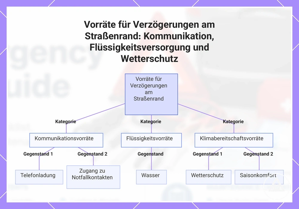 Vorräte für Verzögerungen am Straßenrand: Kommunikation, Flüssigkeitsversorgung und Wetterschutz