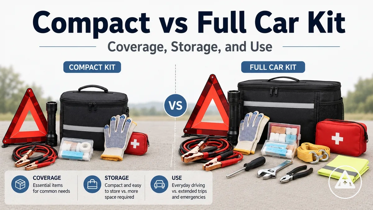 Compact car emergency kit compared with a larger full roadside emergency kit