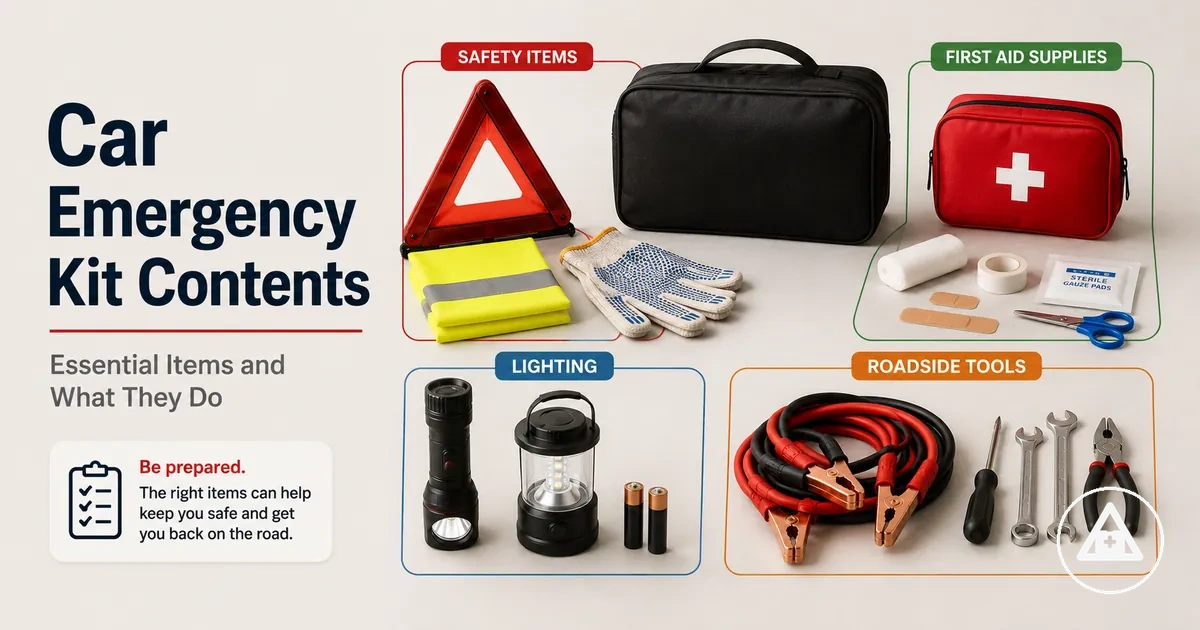 Car emergency kit contents arranged by safety, first aid, lighting, and roadside tool groups