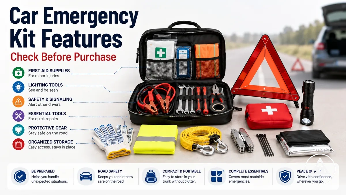 Car emergency kit features displayed with roadside tools, storage bag, and safety accessories