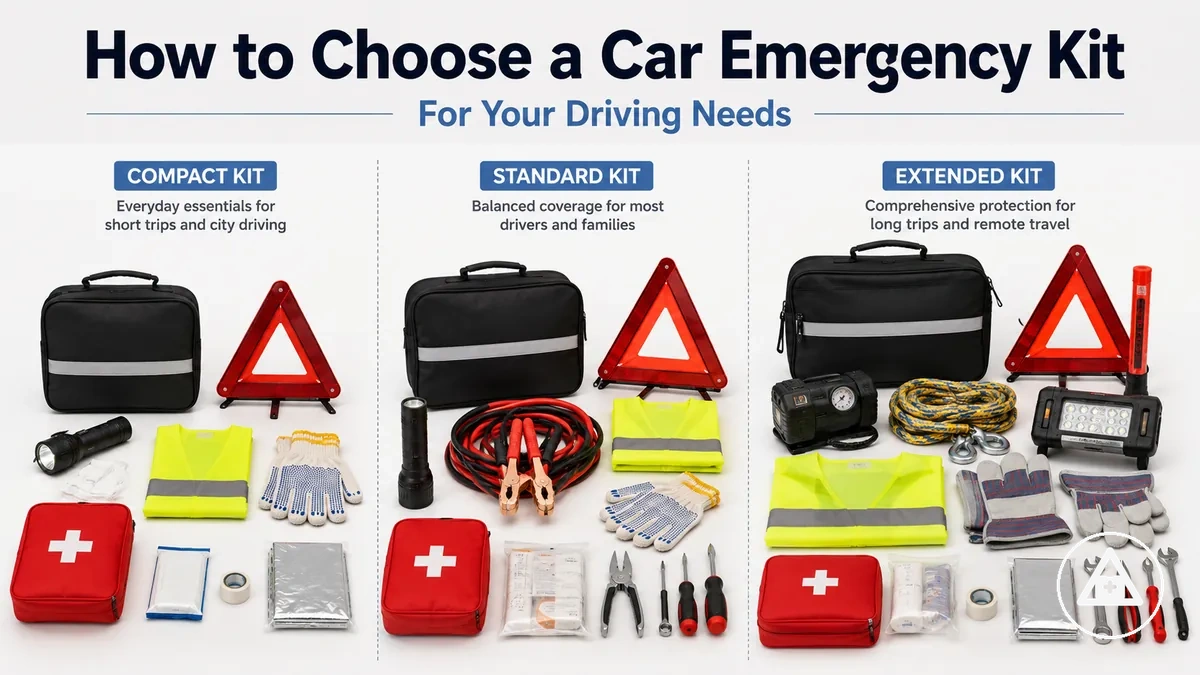 Different car emergency kit options shown for comparing driving needs and roadside coverage