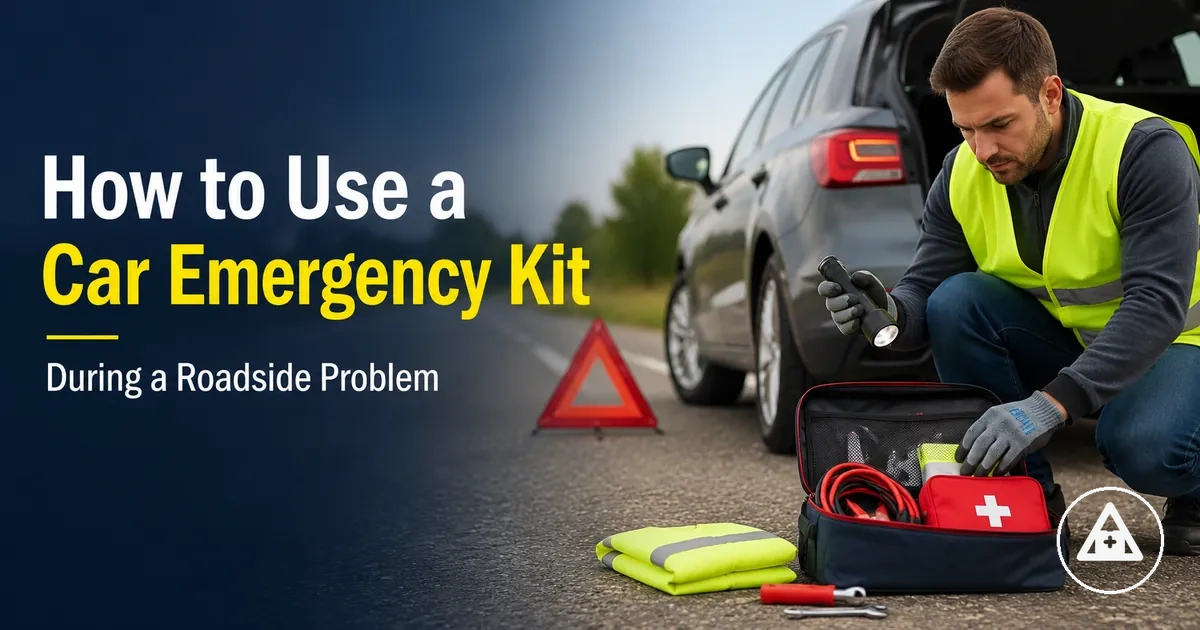 Driver using car emergency kit safety items during a roadside problem