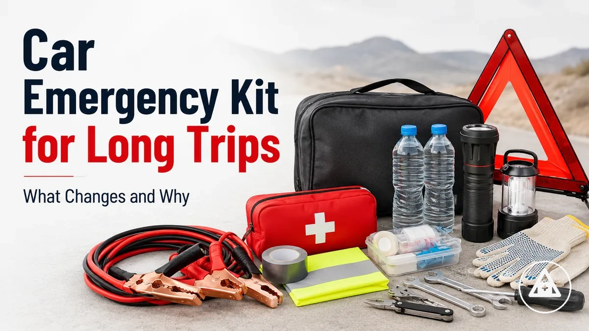 Car emergency kit prepared for long trips with roadside tools, water, lighting, and safety supplies
