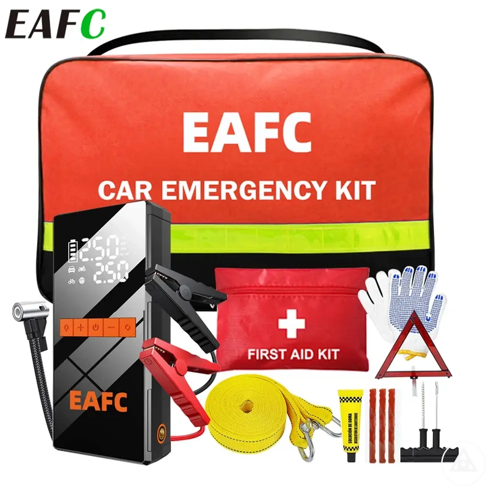 Roadside assistance emergency kit with jump starter, air pump, tire repair kit, first aid kit, and tow rope