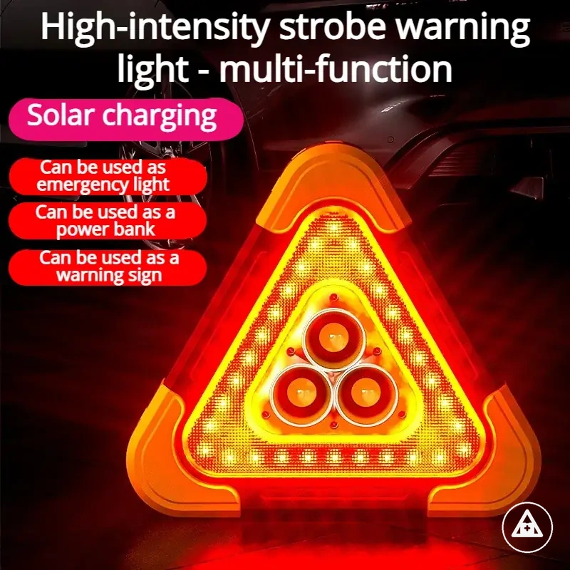 Portable triangular warning light with solar emergency light and reflective design