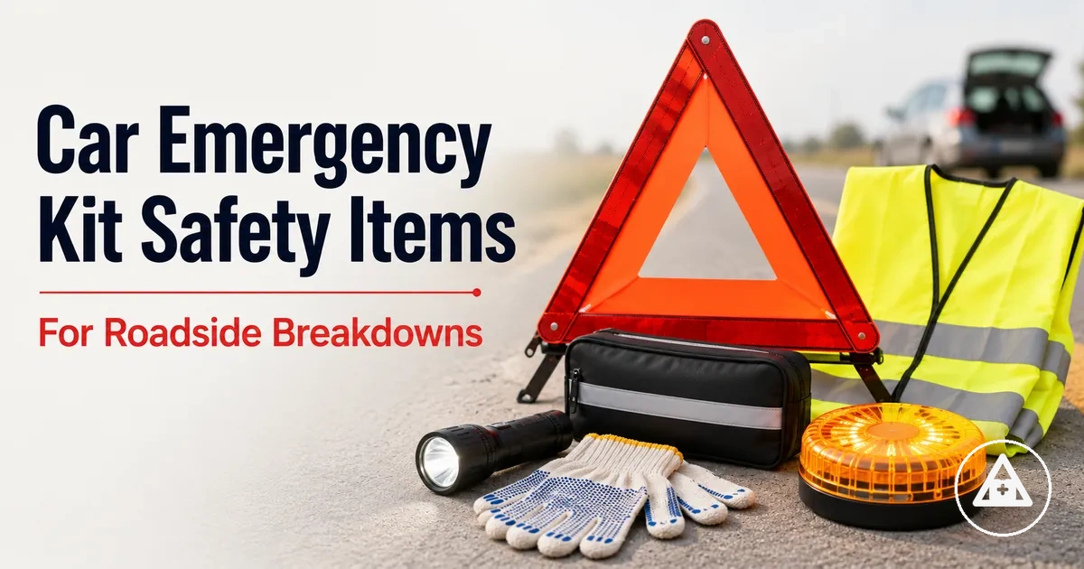 Roadside safety items for a car emergency kit including visibility and warning gear
