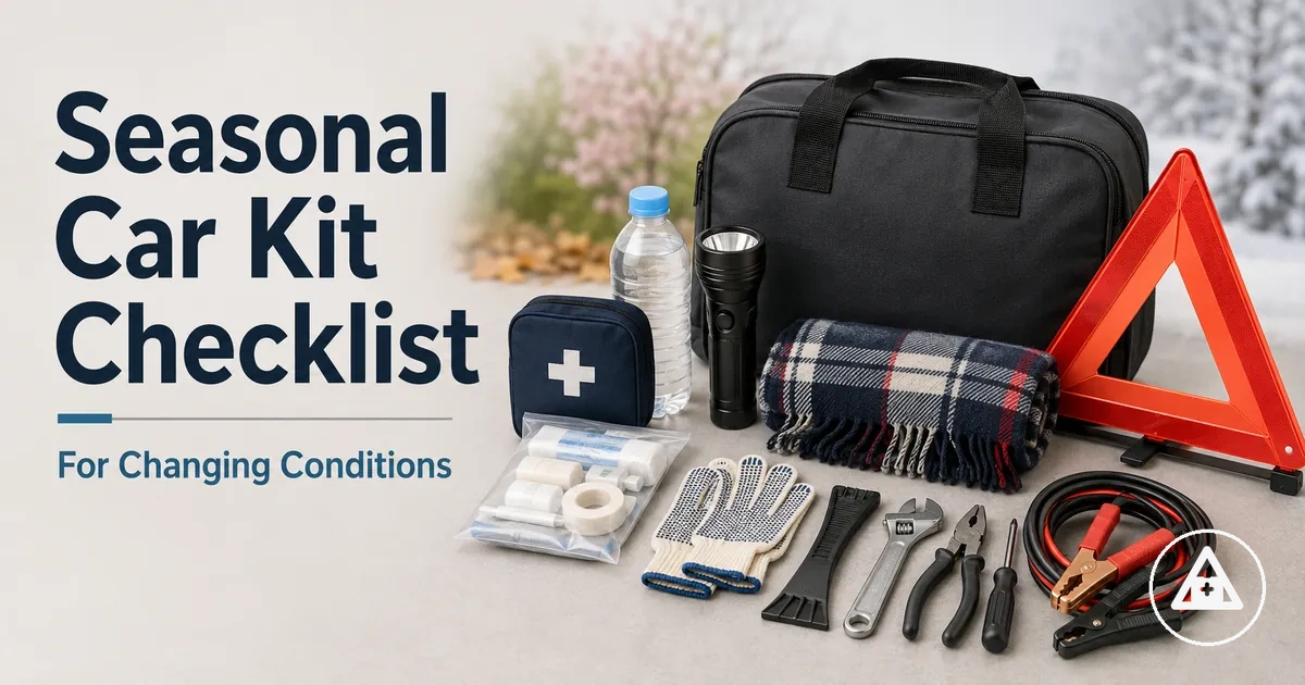 Seasonal car emergency kit checklist with items for changing driving conditions