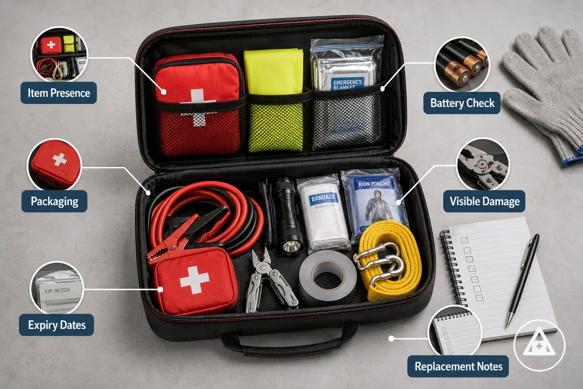 Routine six-month car emergency kit inspection items and condition checks