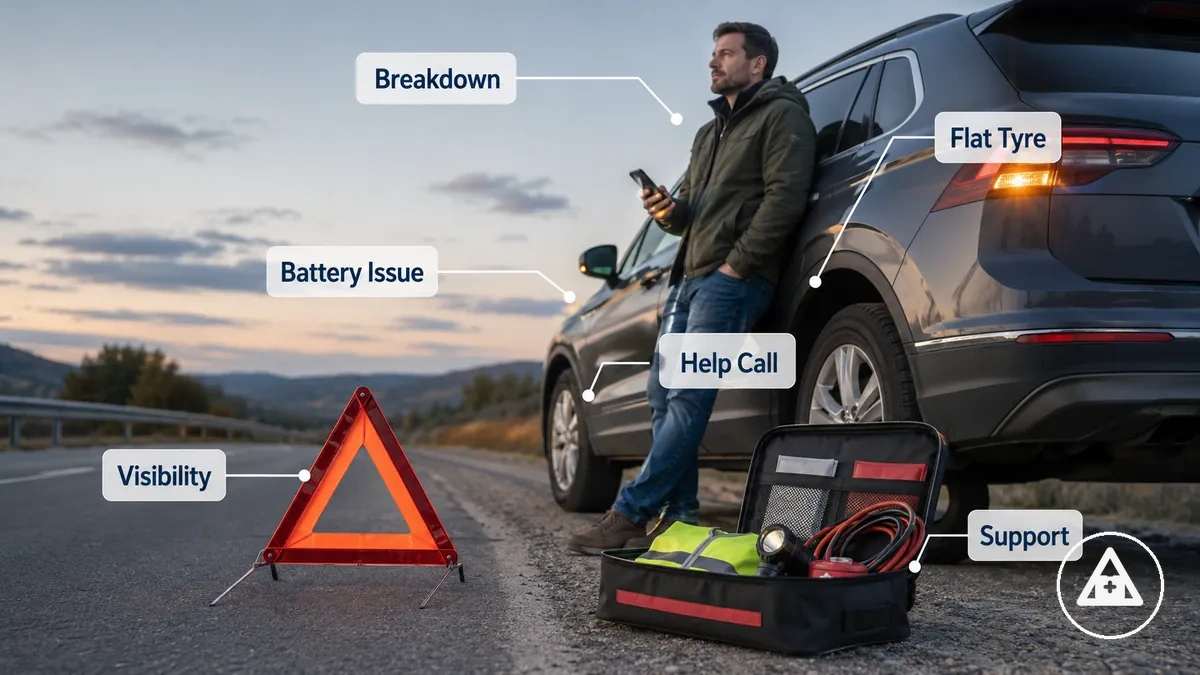 Driver using basic car emergency kit support during a roadside vehicle problem