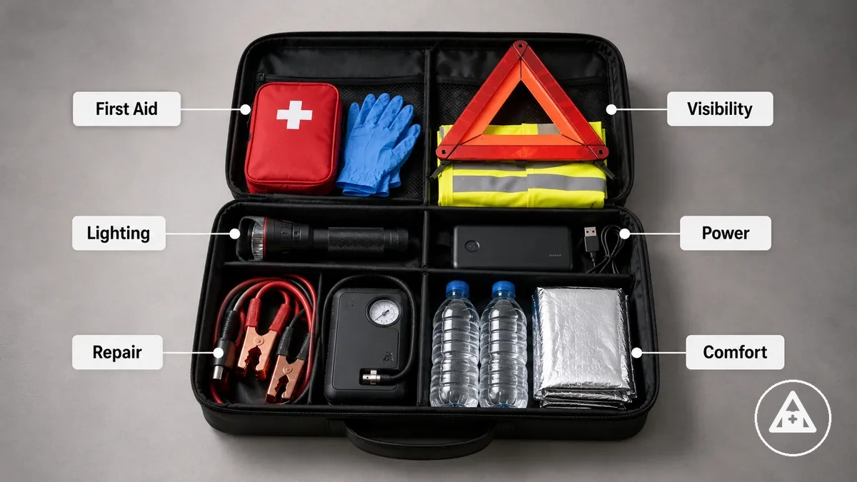 Essential car emergency kit items grouped by first aid, visibility, lighting, repair, and comfort supplies