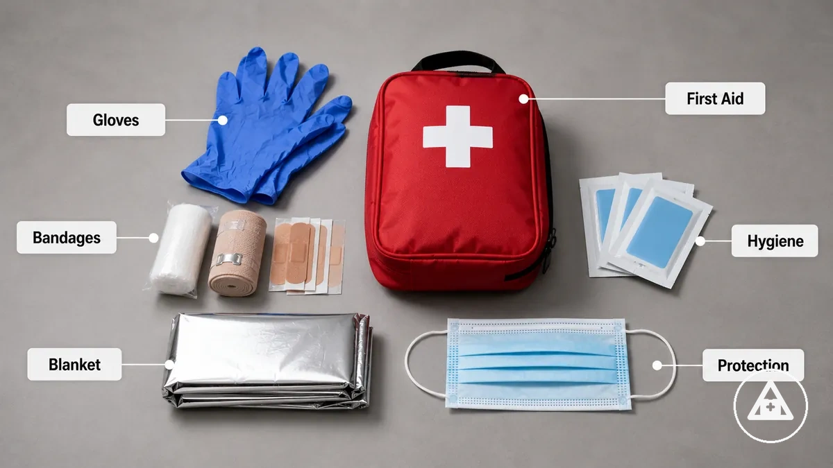 First aid and personal protection items for a car emergency kit including gloves, bandages, wipes, and blanket