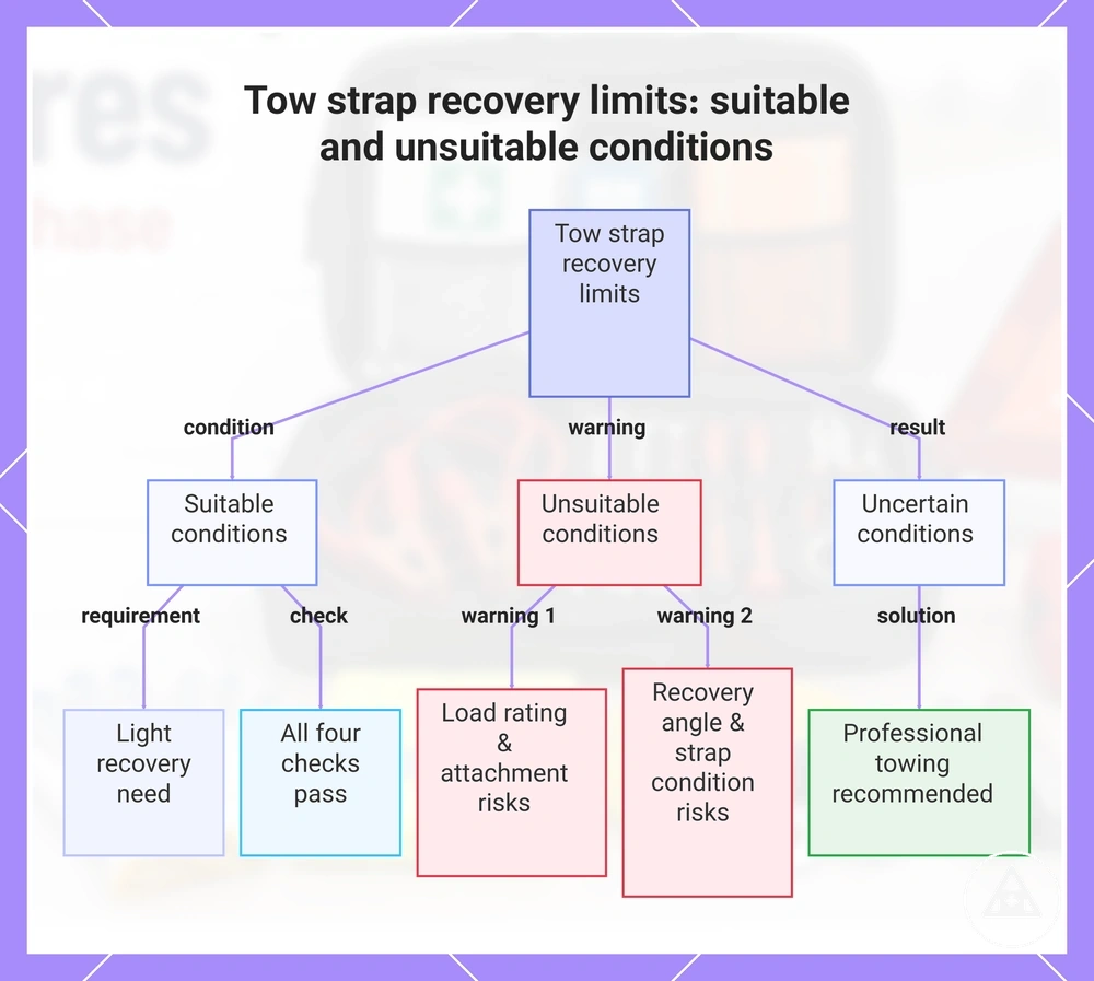 Tow strap recovery limits: suitable and unsuitable conditions