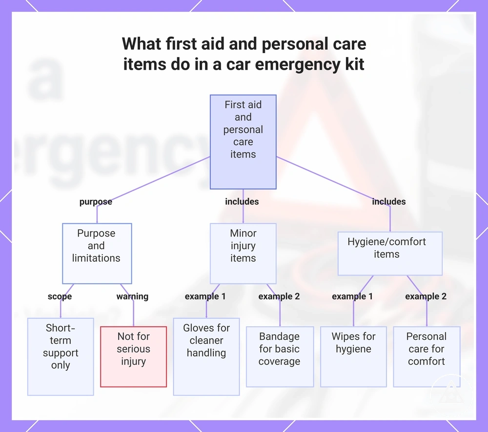 What first aid and personal care items do in a car emergency kit