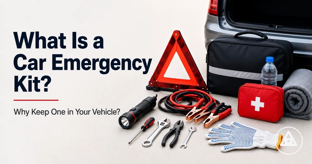 Basic car emergency kit laid out to show its main roadside preparedness items