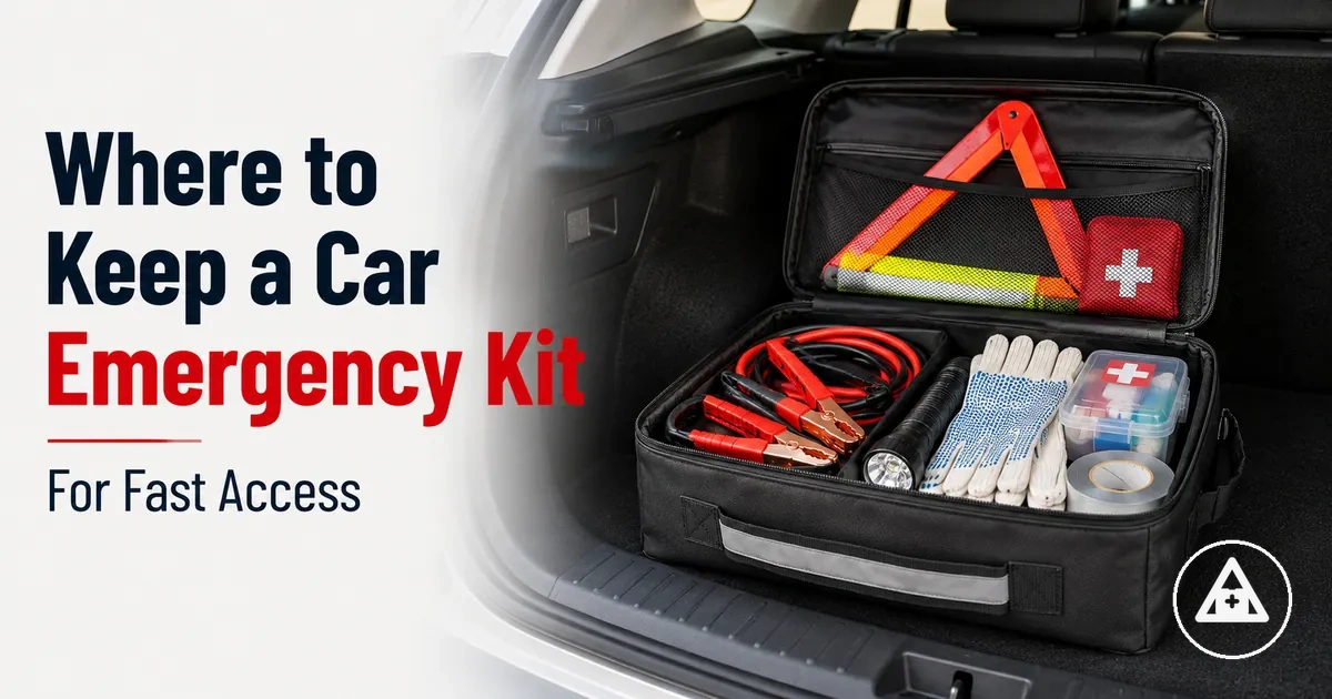 Car emergency kit stored in a vehicle cargo area for fast roadside access