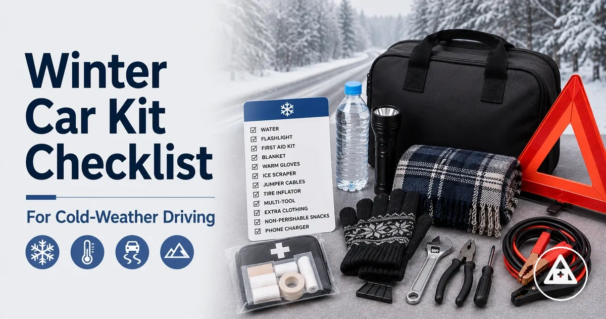 Winter car emergency kit with cold-weather driving supplies, gloves, blanket, and roadside safety items
