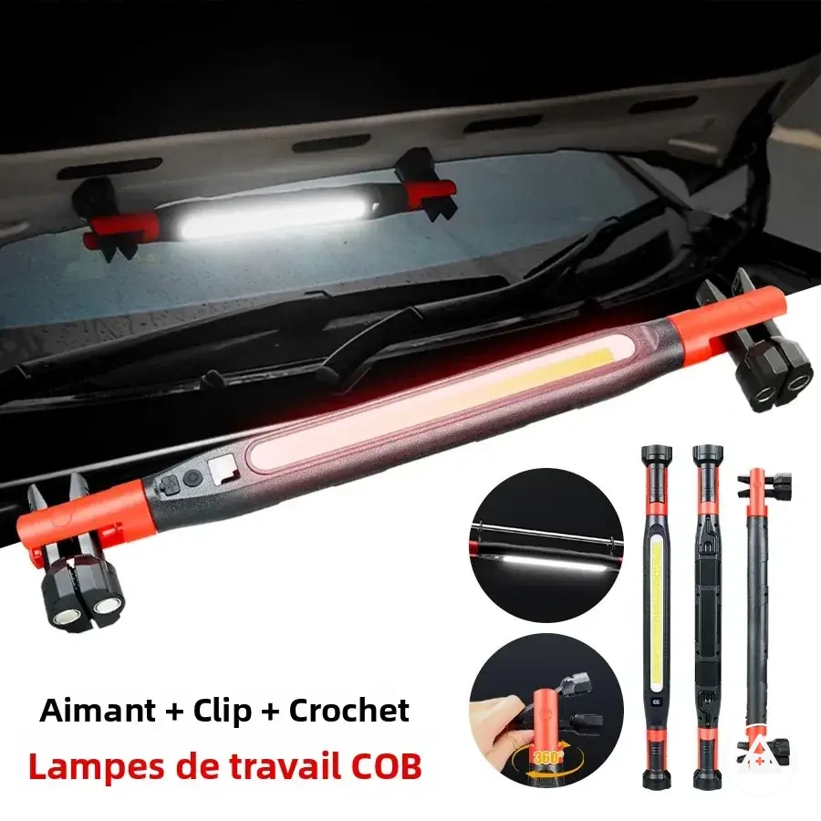 Luz de trabajo LED recargable con ganchos y base magnética para reparación de emergencia del coche