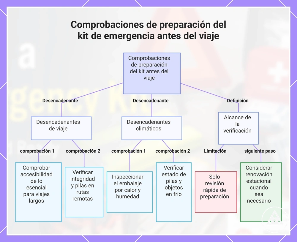 Comprobaciones de preparación del kit de emergencia antes del viaje
