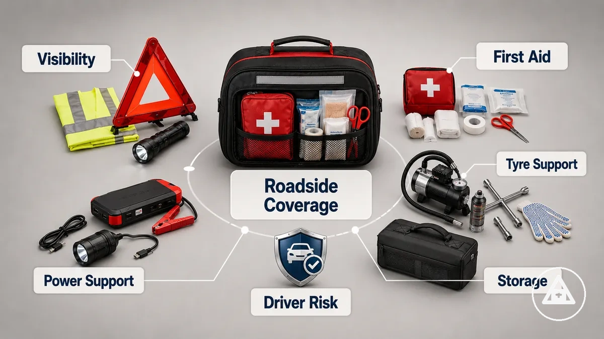 Grupos de cobertura de kit de emergencia para coche con artículos de seguridad, primeros auxilios, neumáticos, batería y almacenamiento