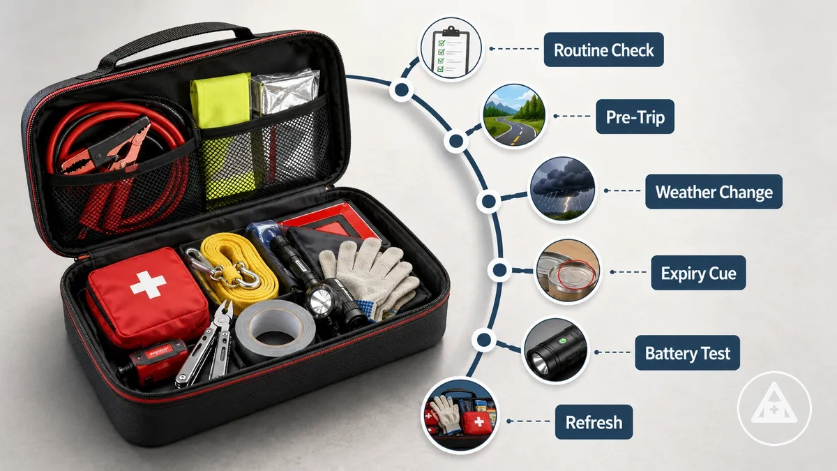 Calendario de revisión del kit de emergencia del coche con indicadores de rutina y viaje