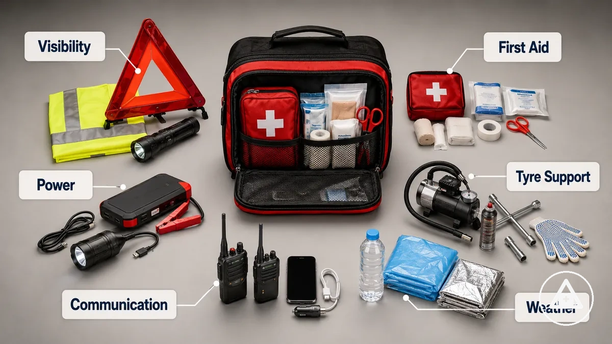 Contenido del kit de emergencia para coche organizado por grupos de seguridad, primeros auxilios, energía, soporte para neumáticos y protección contra el clima