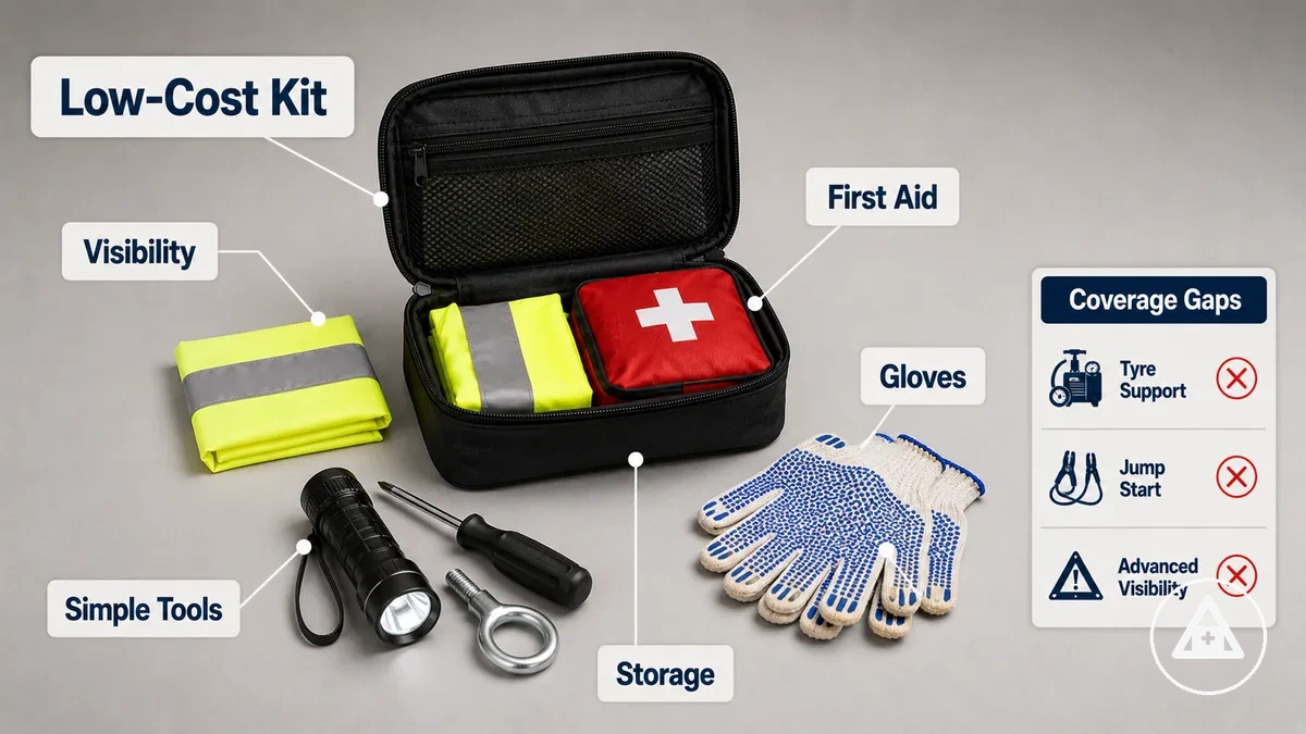Equipo básico de emergencia para coche con elementos de visibilidad, primeros auxilios, guantes y herramientas sencillas para carretera