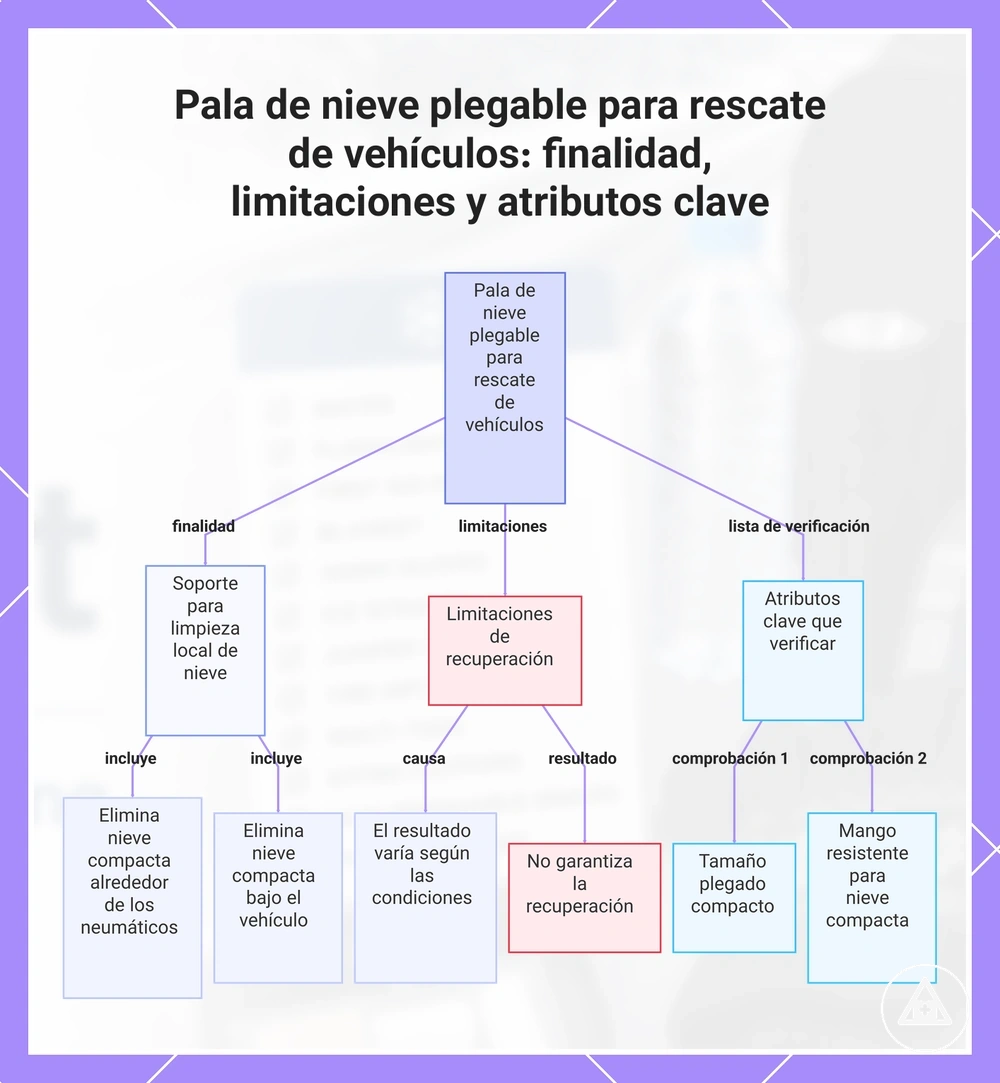 Pala de nieve plegable para rescate de vehículos: finalidad, limitaciones y atributos clave