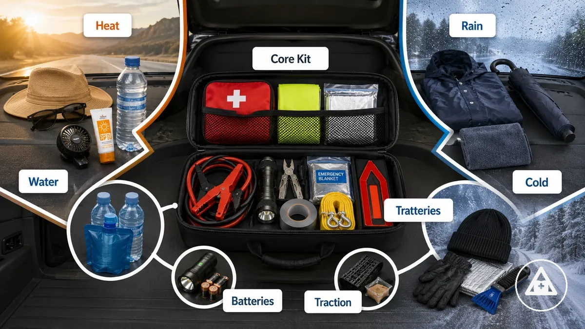 Elementos del kit de emergencia para coche que cambian según la temporada