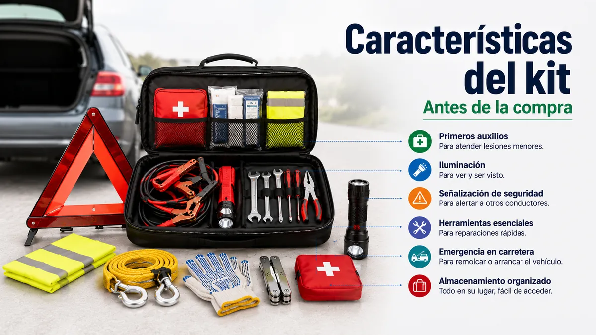 Características de un kit de emergencia para coche con herramientas de carretera, bolsa de almacenamiento y accesorios de seguridad