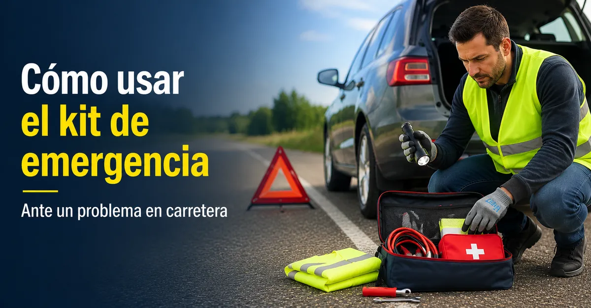 Conductor usando elementos de seguridad de un kit de emergencia para coche durante un problema en carretera