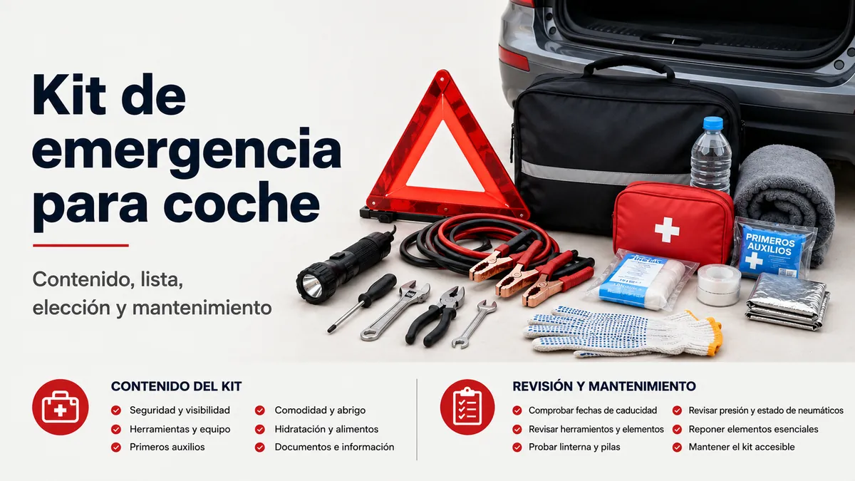 Kit de emergencia para coche organizado con elementos de seguridad vial, herramientas y material de primeros auxilios