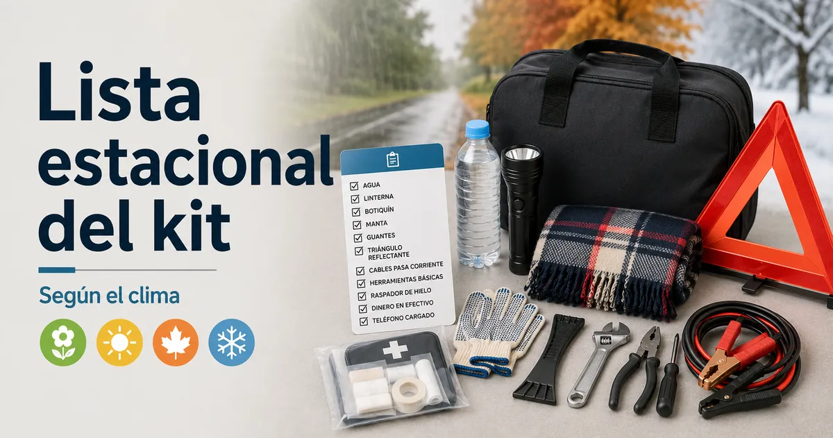 Lista estacional del kit de emergencia para coche con elementos para distintas condiciones de conducción