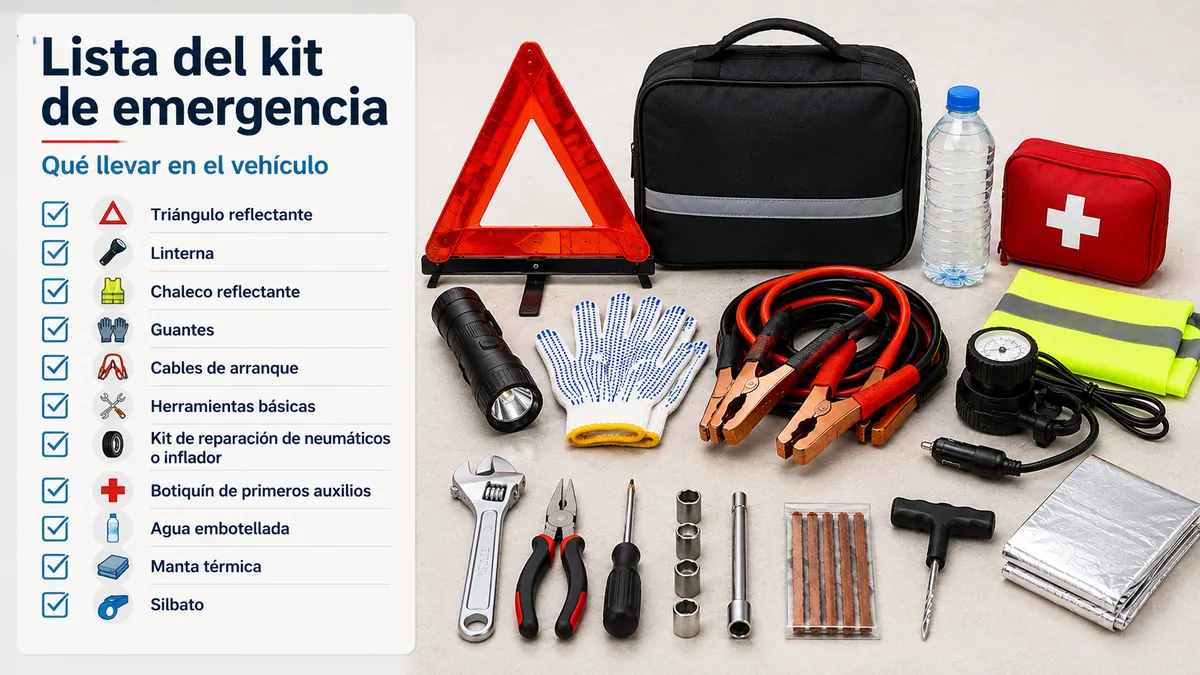 Lista del kit de emergencia para coche con elementos básicos de seguridad del vehículo y suministros de carretera