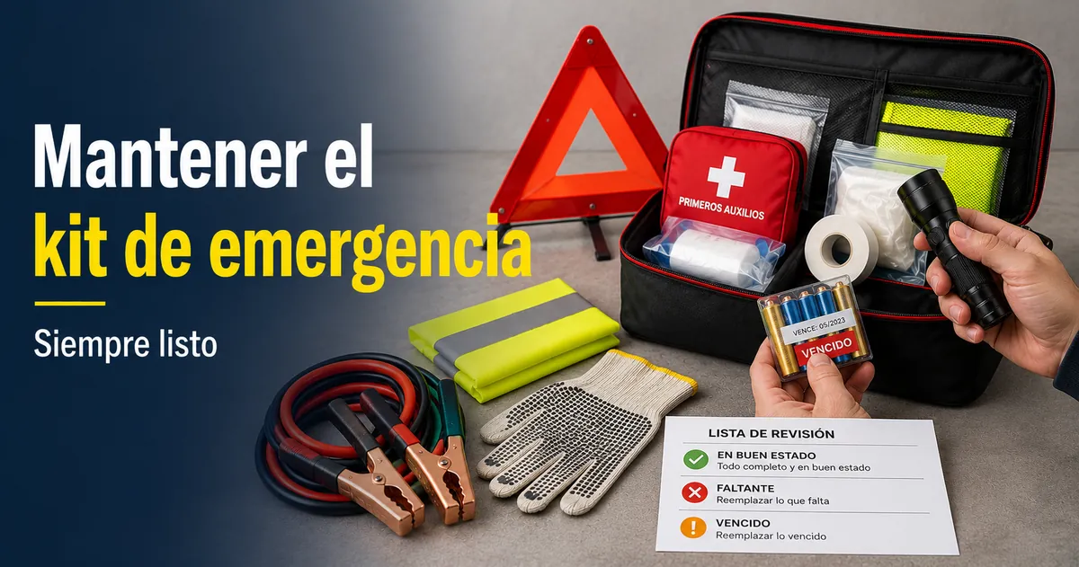 Kit de emergencia para coche revisado para comprobar elementos faltantes, caducados y accesorios con pilas
