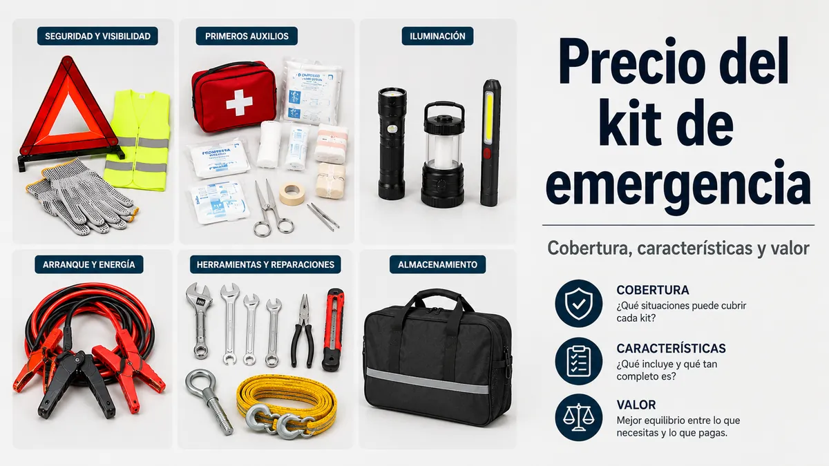 Elementos de un kit de emergencia para coche agrupados para comparar cobertura, características y valor