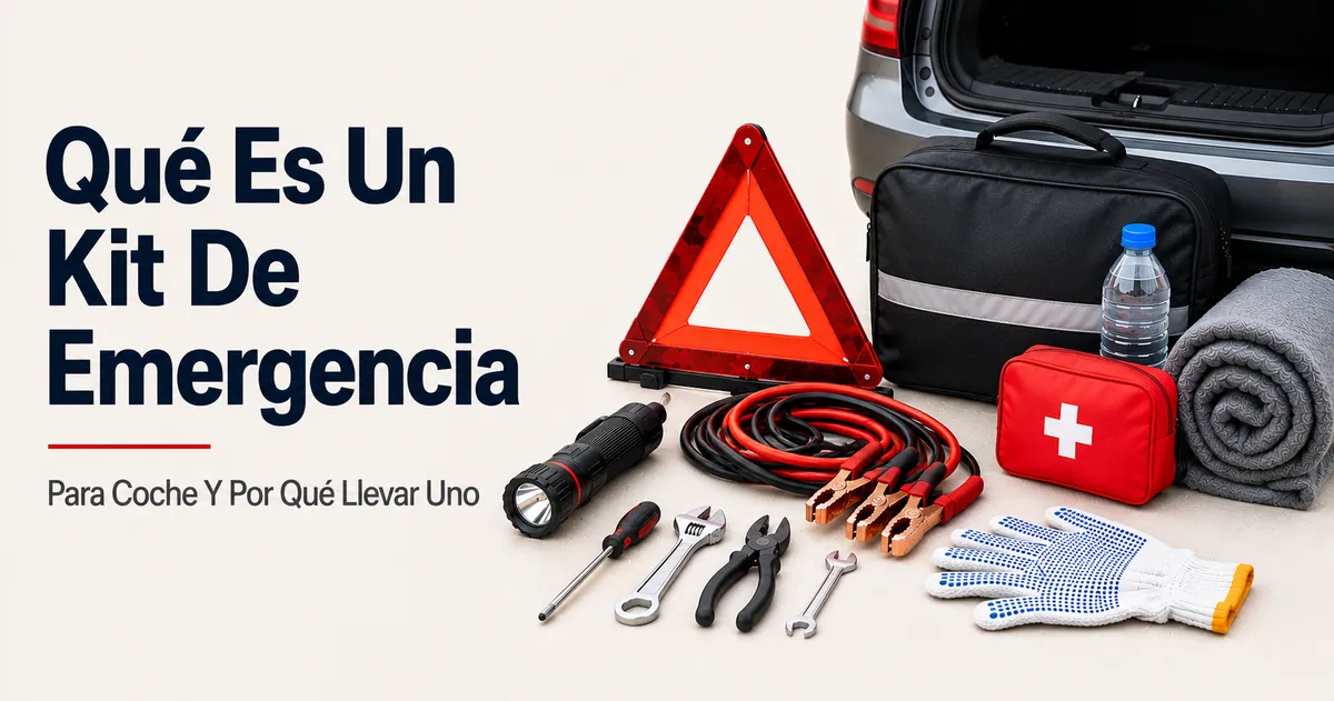 Kit básico de emergencia para coche colocado para mostrar sus principales elementos de preparación en carretera