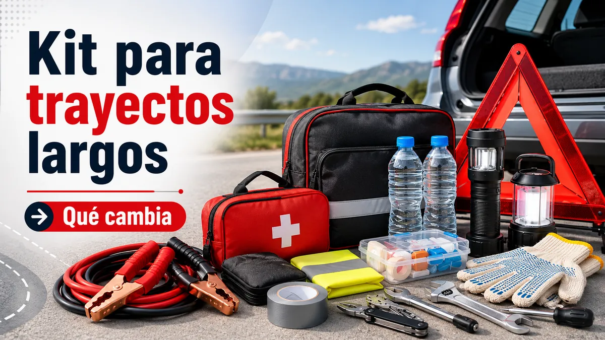 Kit de emergencia para coche preparado para trayectos largos con herramientas de carretera, agua, iluminación y elementos de seguridad