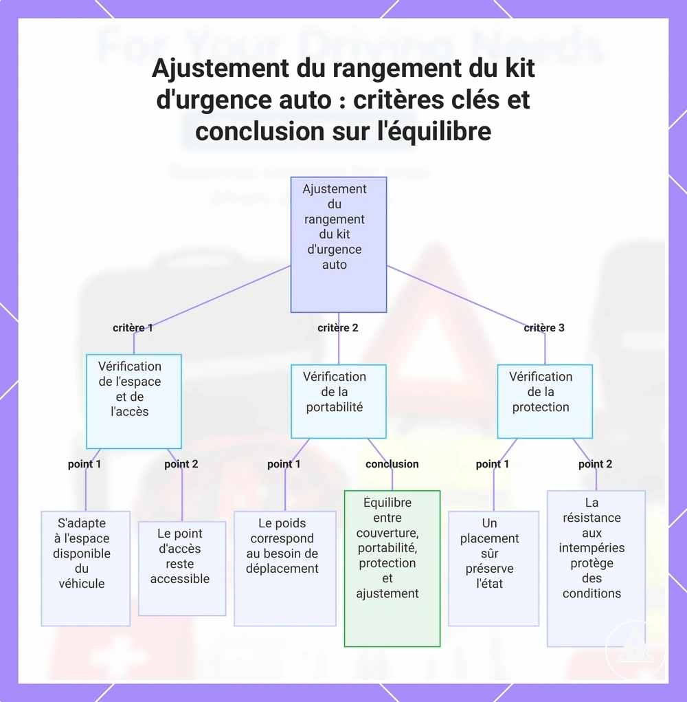 Ajustement du rangement du kit d'urgence auto : critères clés et conclusion sur l'équilibre
